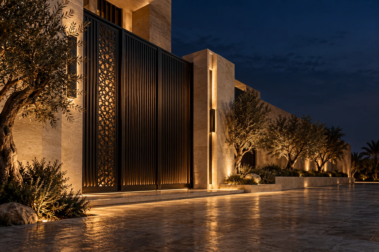 تصور معماري لبوابة حديدية معاصرة بإضاءة دافئة